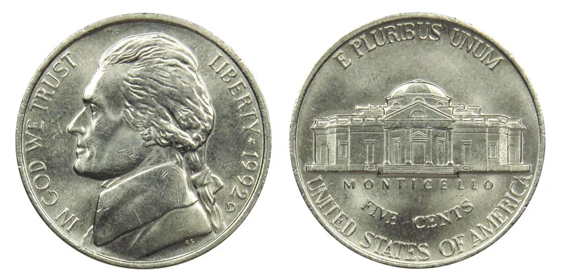 Comparison of 1992 Jefferson nickel reverse without Full Steps versus with Full Steps designation showing Monticello step lines