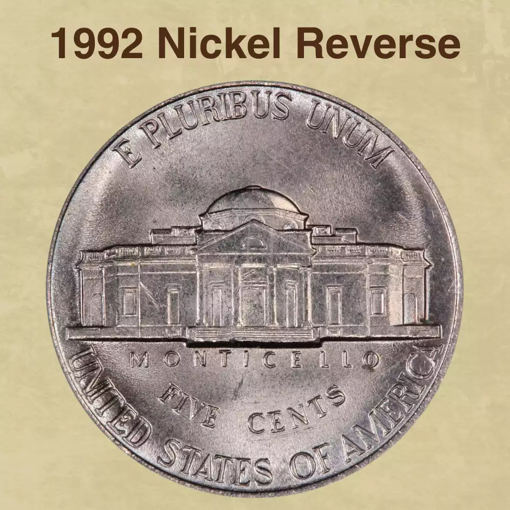 1992 nickel doubled die reverse error showing separated doubling on Monticello lettering