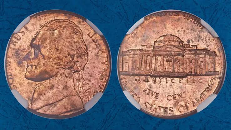 1992 nickel double denomination error showing Jefferson nickel struck over Lincoln cent planchet