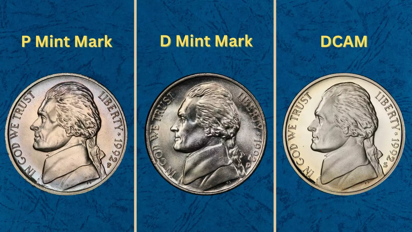 Three 1992 Jefferson nickels showing P, D, and S mint marks from Philadelphia, Denver, and San Francisco