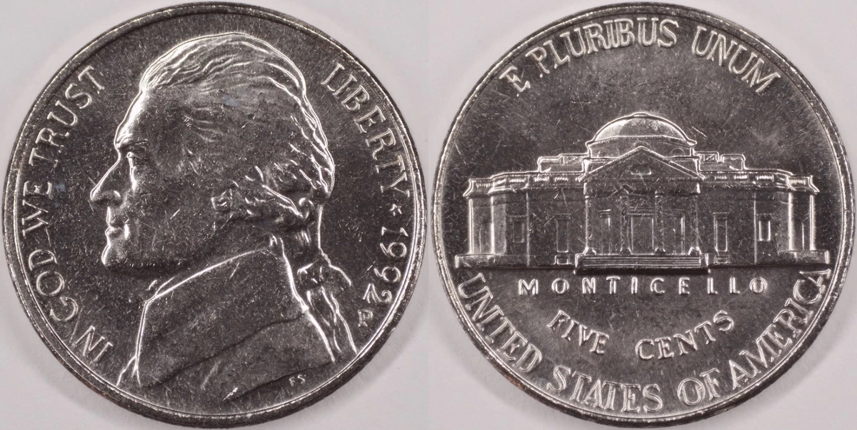 1992 Jefferson nickel grading strip showing four condition tiers from worn to gem uncirculated